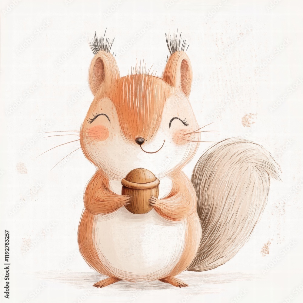 Leinwandbilder cute squirrel holding an acorn while smiling in a charming illustration set against a soft backgroun