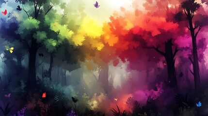 A Rainbow Forest With Colorful Butterflies Flying