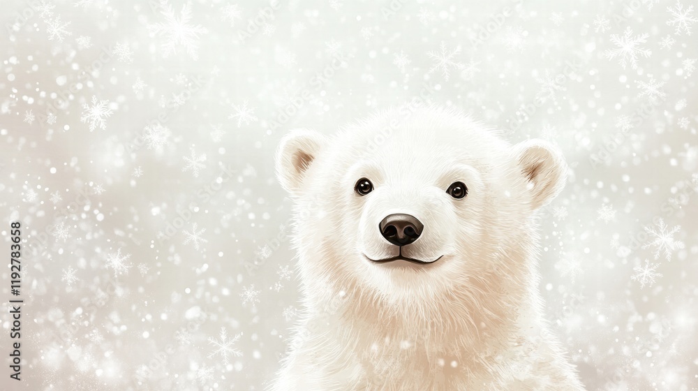 Aufkleber charming polar bear cub smiling in a snowy winter wonderland with softly falling snowflakes. generat
