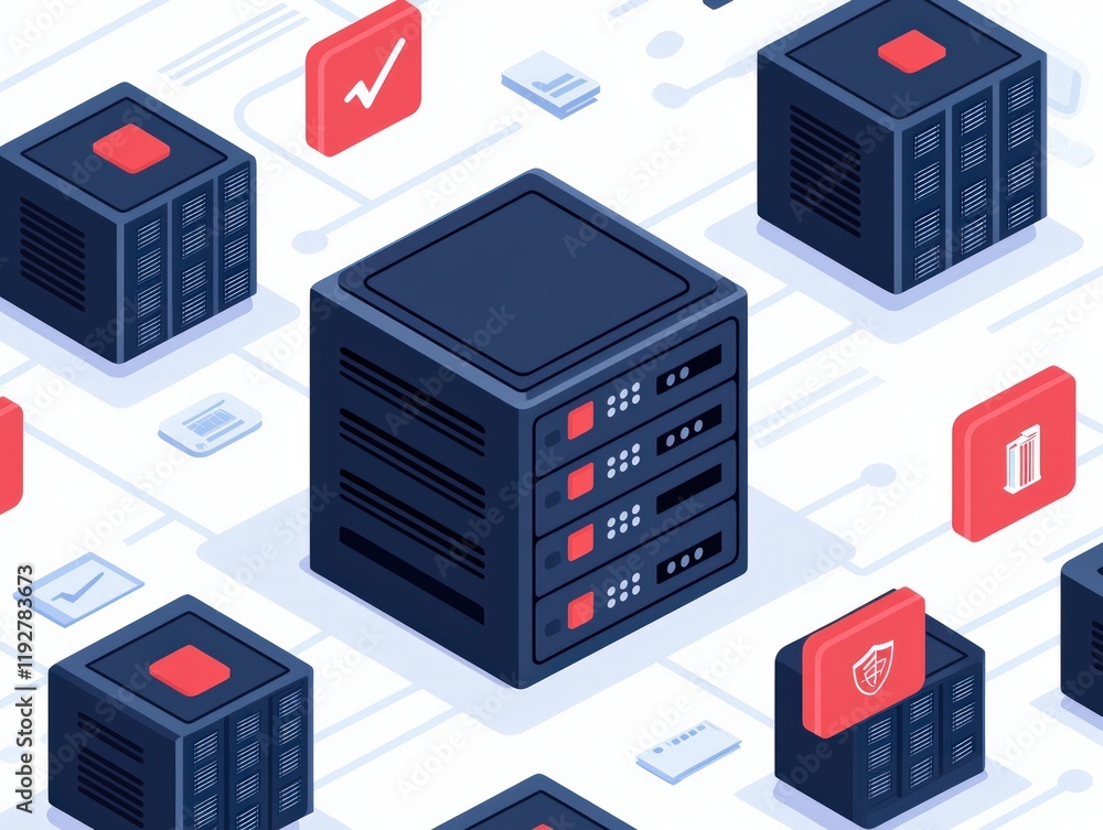 Poster a modern illustration of data servers surrounded by icons, representing cloud computing and technolo