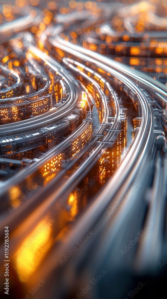 Poster an abstract close-up of illuminated, winding metallic surfaces, showcasing a blend of curves and ref