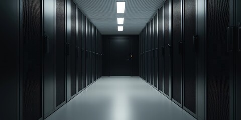A dark corridor lined with server racks, illuminated by overhead lights, creating a technology-driven atmosphere.