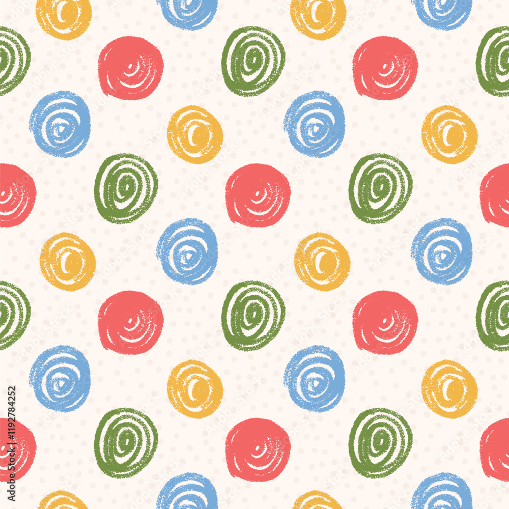 Poster polka dots colorful seamless pattern crayon drawn. circle confetti endless background. birthday roun