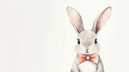 Obraz premium Cute illustrated rabbit wearing a pink bow tie with large ears and a gentle expression on a light background. Generative AI