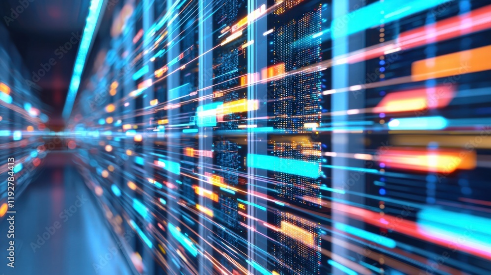 Poster a futuristic data center with illuminated server racks, showcasing vibrant blue and orange lights, r