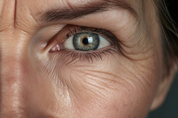 Close up of a mature woman squinting, highlighting wrinkles and aging skin around her eye