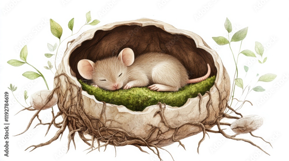 Poster cute mouse sleeping in a cozy nest made of natural materials surrounded by greenery and soft texture