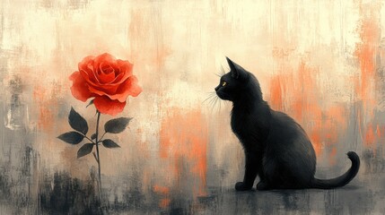 Black Cat Staring at a Bright Red Rose on Colorful Background