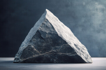 Unique triangular rock formation stands in a minimalist setting with dramatic lighting and shadows