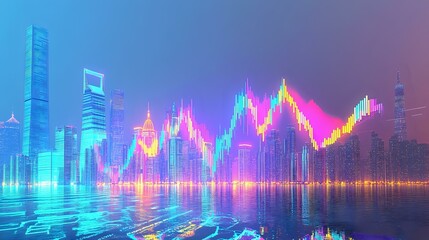 A dynamic financial graph in vibrant neon colors rises over a refined urban skyline glowing softly in the distance