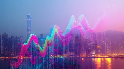 A dynamic financial graph in vibrant neon colors rises over a refined urban skyline glowing softly in the distance