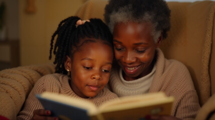 African American Woman and Child Lovingly Reading Together on Cozy Couch