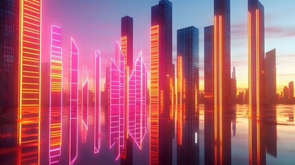 Economic analysis depicted with sharp neon financial graphs and bars over a polished, reflective cityscape at sunrise