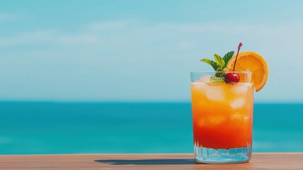 Obraz premium Refreshing Summer Cocktail by Ocean Tropical Drink with Orange and Cherry Garnish