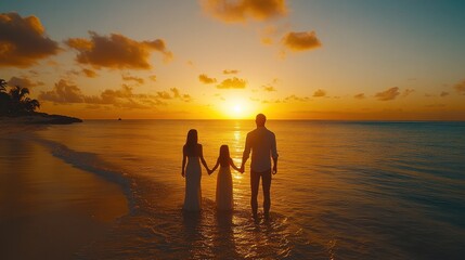 Fototapeta premium Family silhouette at sunset beach.