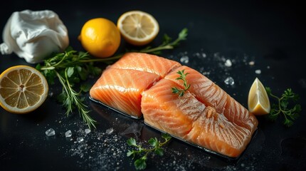 salmon fillet, herbs, and lemon on a black background, creating a mystical aura with light beams through fog