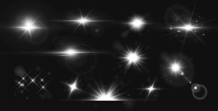 Light effects - flash, sunlight, spotlight, with glare and highlight effects, realistic light, a set of effects with rays, flashes, flickering. Emulation  sun, spotlight, headlights and more. Vector 