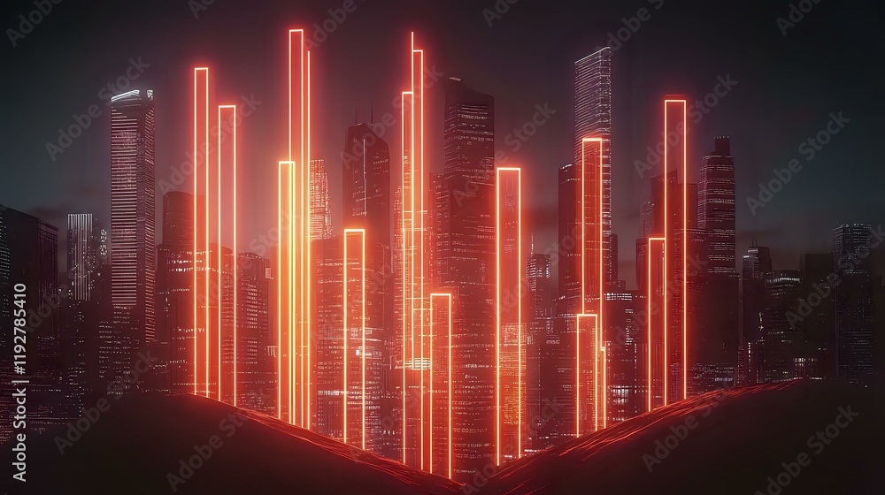 Poster economic trends visualized with glowing neon bars and lines floating over a sharp and refined modern