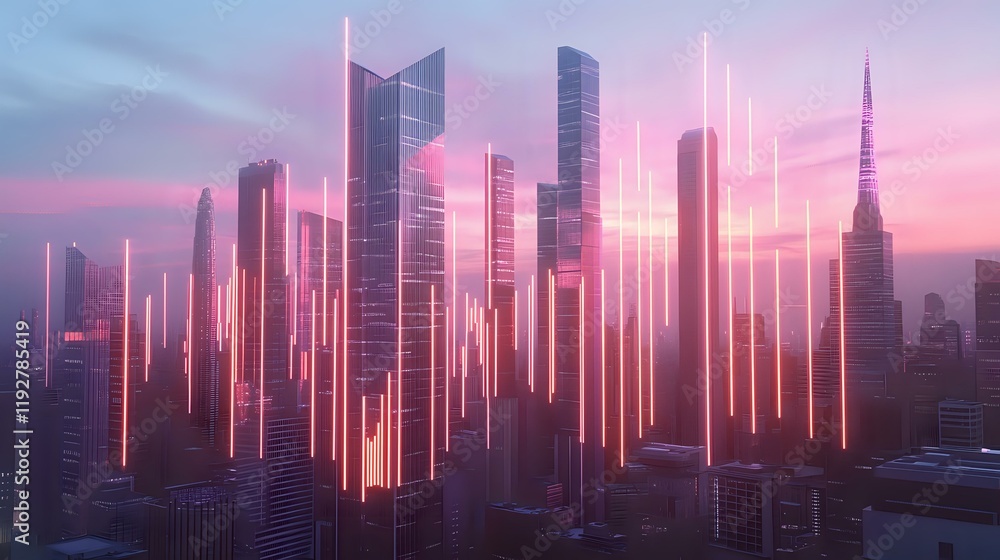 Poster economic trends visualized with glowing neon bars and lines floating over a sharp and refined modern