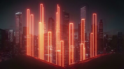 Economic trends visualized with glowing neon bars and lines floating over a sharp and refined modern skyline
