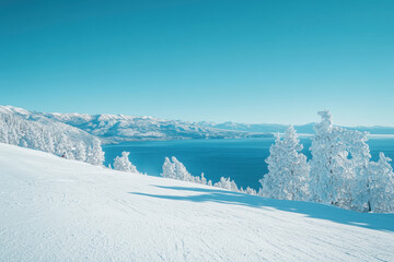 Snow-covered mountains under a clear blue sky reflect a serene winter landscape by the tranquil lake