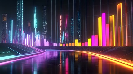 Financial chart with glowing bars and smooth lines in neon colors, placed in front of a polished, futuristic urban skyline