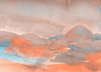 Beautiful abstract landscape. Watercolor on paper. Versatile artistic image for creative design projects: posters, banners, cards, prints, wallpapers. Traditional artist-made art. Raster illustration.