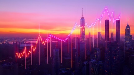Neon bars and lines highlighting financial trends displayed against a luminous cityscape under a calm and vibrant sky