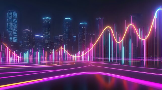 Futuristic financial visualization with vibrant neon bars and curves showcasing trends above a glowing and modern urban skyline - Powered by Adobe