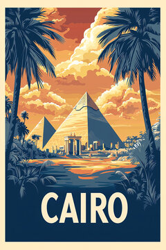 A classic vintage travel poster showcasing CAIRO with the PIRAMIDS of Gyza , soft pastel colors, elegant art deco typography, timeless sophistication.