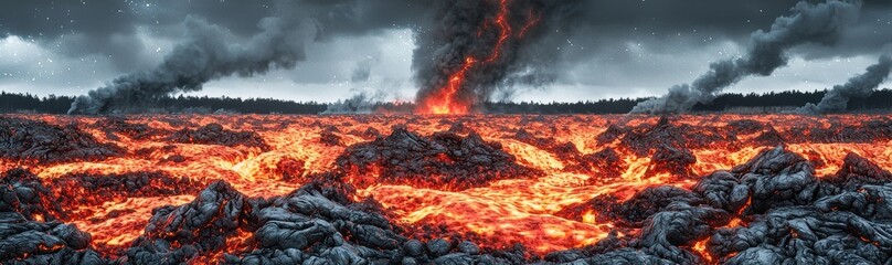 Fiery Volcanic Eruption Landscape Molten Lava Flowing Across Dark Terrain Smoke and Night Sky