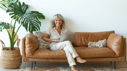modern and relaxed home office setup. A blonde woman 60 years old modern graphic designer with short air and glasses on, half lying comfortably on couch
