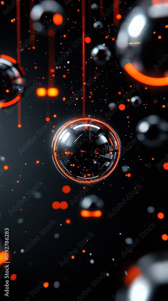 Poster a visually striking abstract composition featuring floating spheres in black and orange tones agains