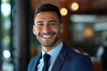 Obraz premium Young handsome hispanic businessman smiling wearing suit in office building
