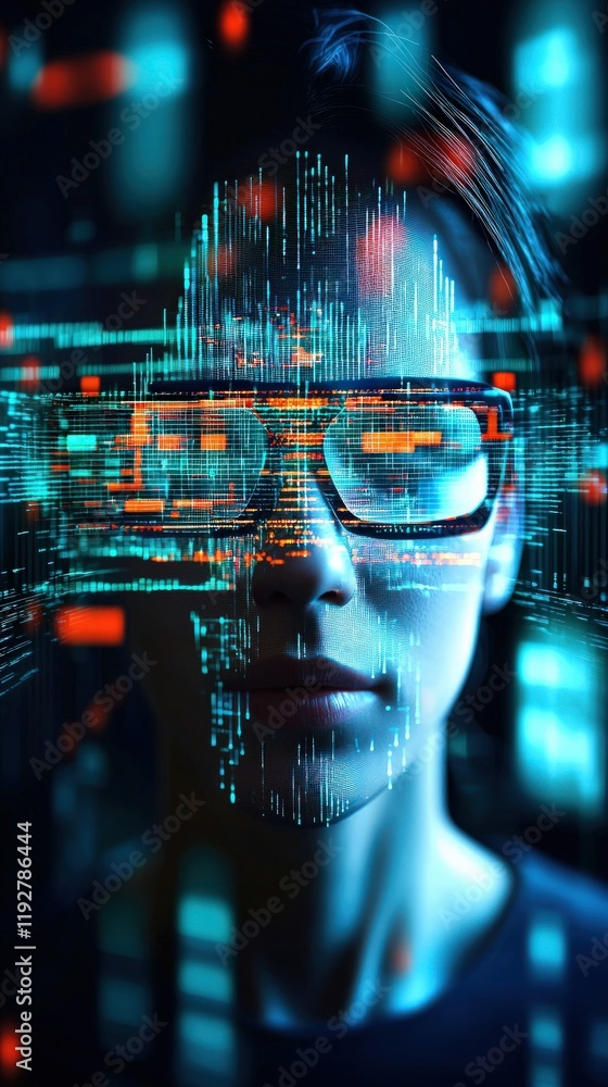 Poster a futuristic portrait of a person with glasses surrounded by digital data and visuals, symbolizing t