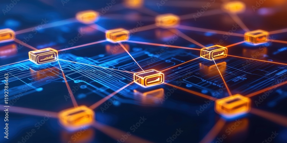 Poster a digital network illustration showcasing interconnected nodes with glowing lines, representing tech