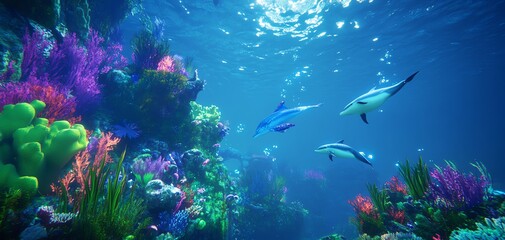 Tilted angle view of a mythical underwater world, vibrant coral reefs, graceful dolphins interacting with shimmering mermaids, photorealistic style, deep blues and greens