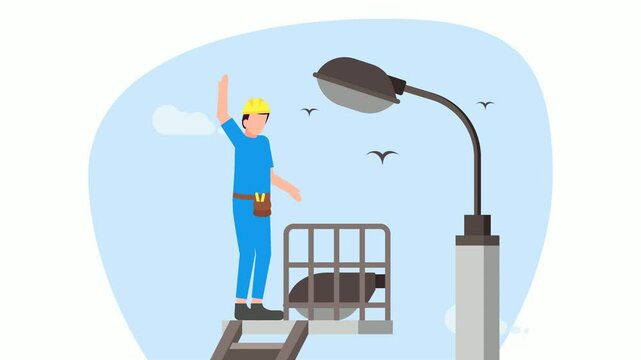 electrician changing a broken street light bulb animation,  Municipality Worker wearing Safety harness on crane bucket animated video, Power Supply wiring Clip, Handyman Repairman tools footage motion