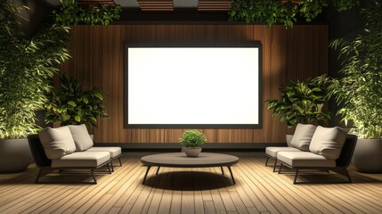 3D-rendered modern waiting area with a blank digital screen, sofas, a table, potted plants, and a wooden floor, perfect for a professional office setting