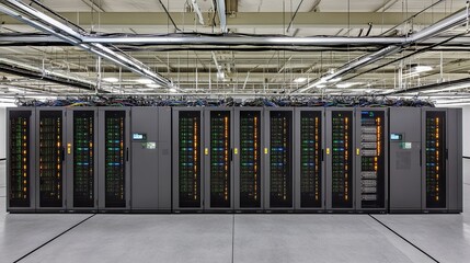 Naklejka premium Advanced Supercomputer Processing Data with Blinking Lights and Cables in Dark Room, Emphasizing High-Tech and Data Handling Abilities