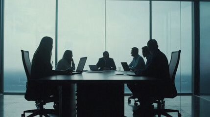 Silhouettes of business people in an office meeting show a team discussion at a table