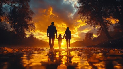 Fototapeta premium Family silhouette at sunset by water.