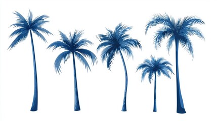 Blue Silhouette of Five Elegant Tropical Palm Trees on White Background