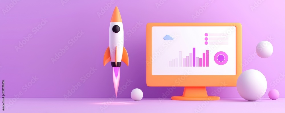 Poster startup success rocket launching with growth chart on computer monitor