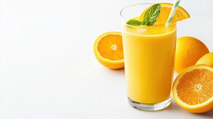 Fototapeta premium Refreshing Orange Juice Smoothie in Glass with Oranges and Mint Garnish