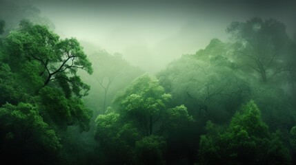 Lush Green Forest with Misty Atmosphere and Dense Foliage in Soft Lighting Perfect for Nature and Landscape Photography