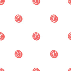 Polka dots seamless pattern crayon drawn. Circle confetti endless background. Birthday round points by pencil repeat cover. Scribble spots marker draw. Vector surface design festive motif.