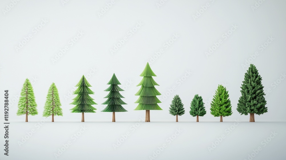 Poster various shapes and sizes of green trees on a minimalist background