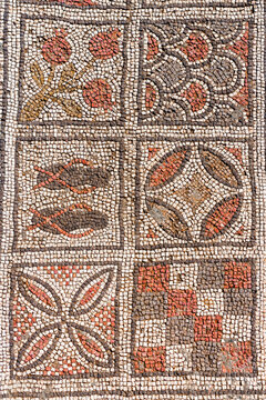 Northern Cyprus, mosaics of the Basilica of Agias Trias in the Karpas Peninsula representing a pair of the sandals of pilgrims 
