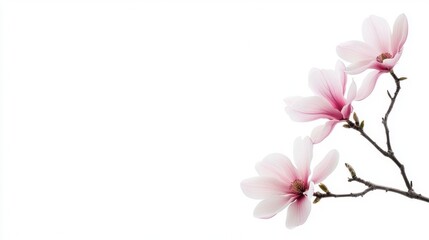 Fototapeta premium Delicate Pink Magnolia Flowers on Branch Against White Background